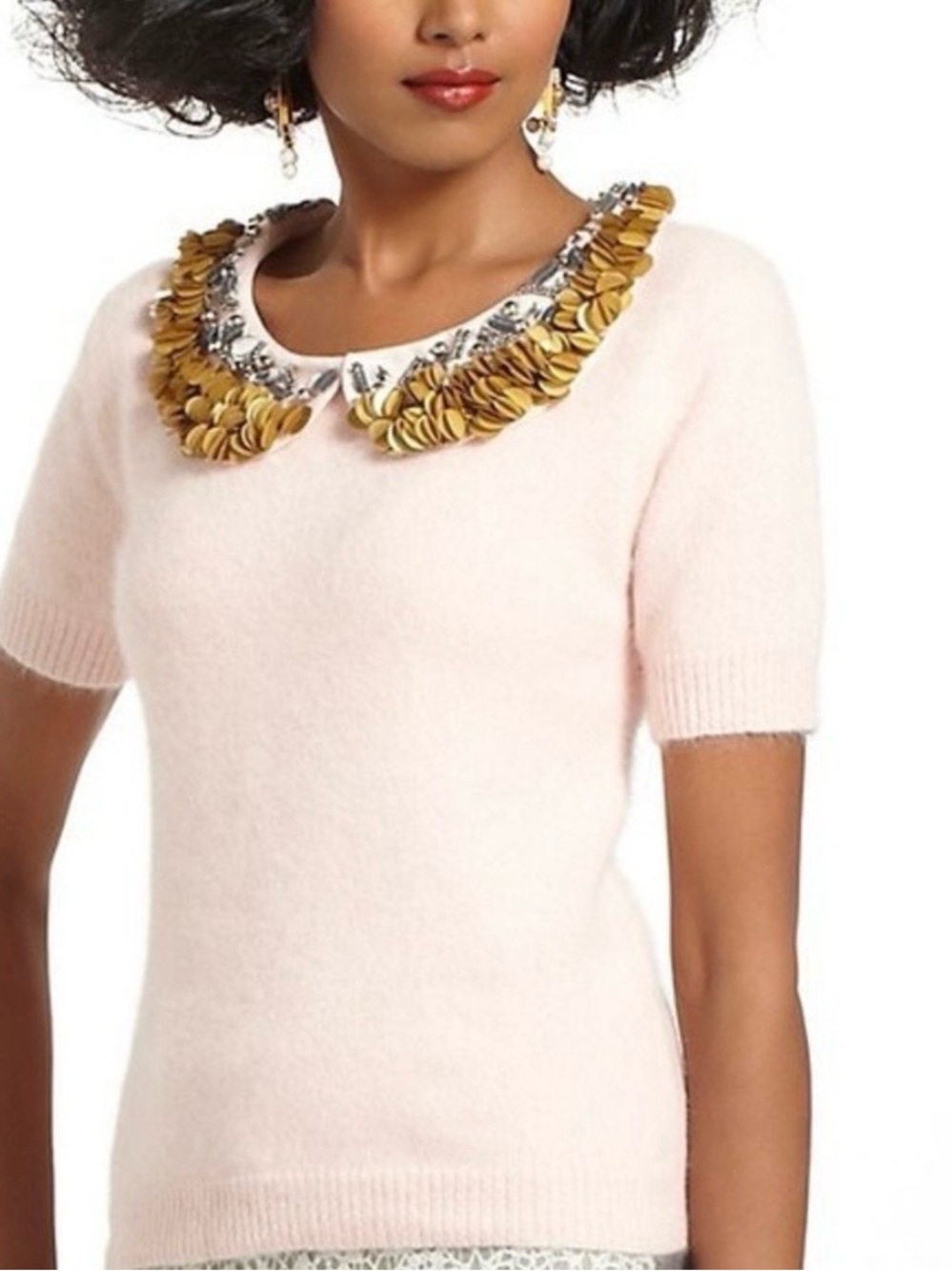 ANTHROPOLOGIE Peter-Pan Paillettes Sweater Corey Lynn Calter Pink S Angora